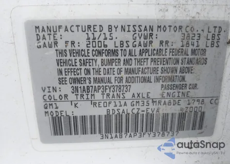 2015 Nissan Sentra S z USA, uszkodzony, nr VIN 3N1AB7AP3FY378737
